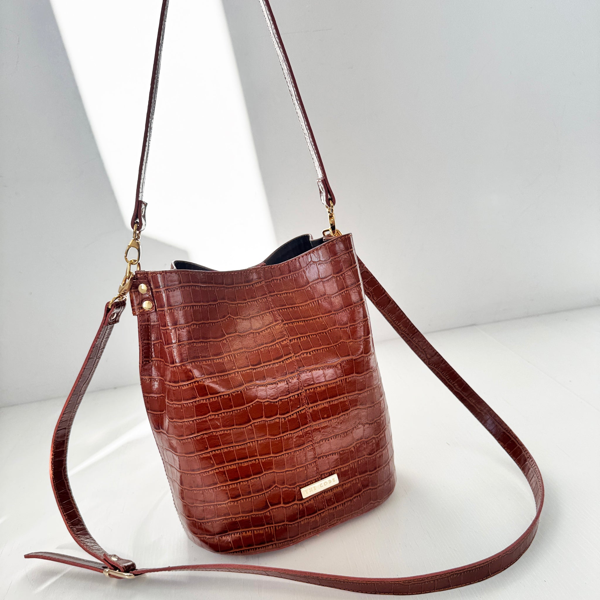 Brown coco print leather Julieta bucket