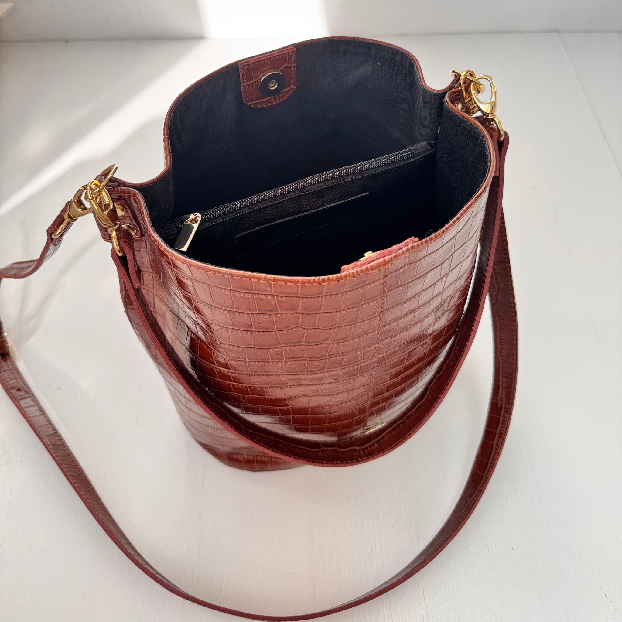 Brown coco print leather Julieta bucket