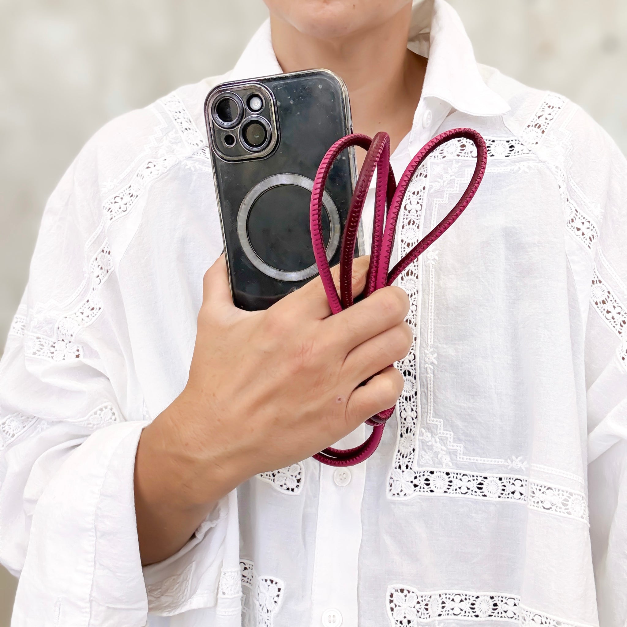 Burgundy and pink leather mobile hanger