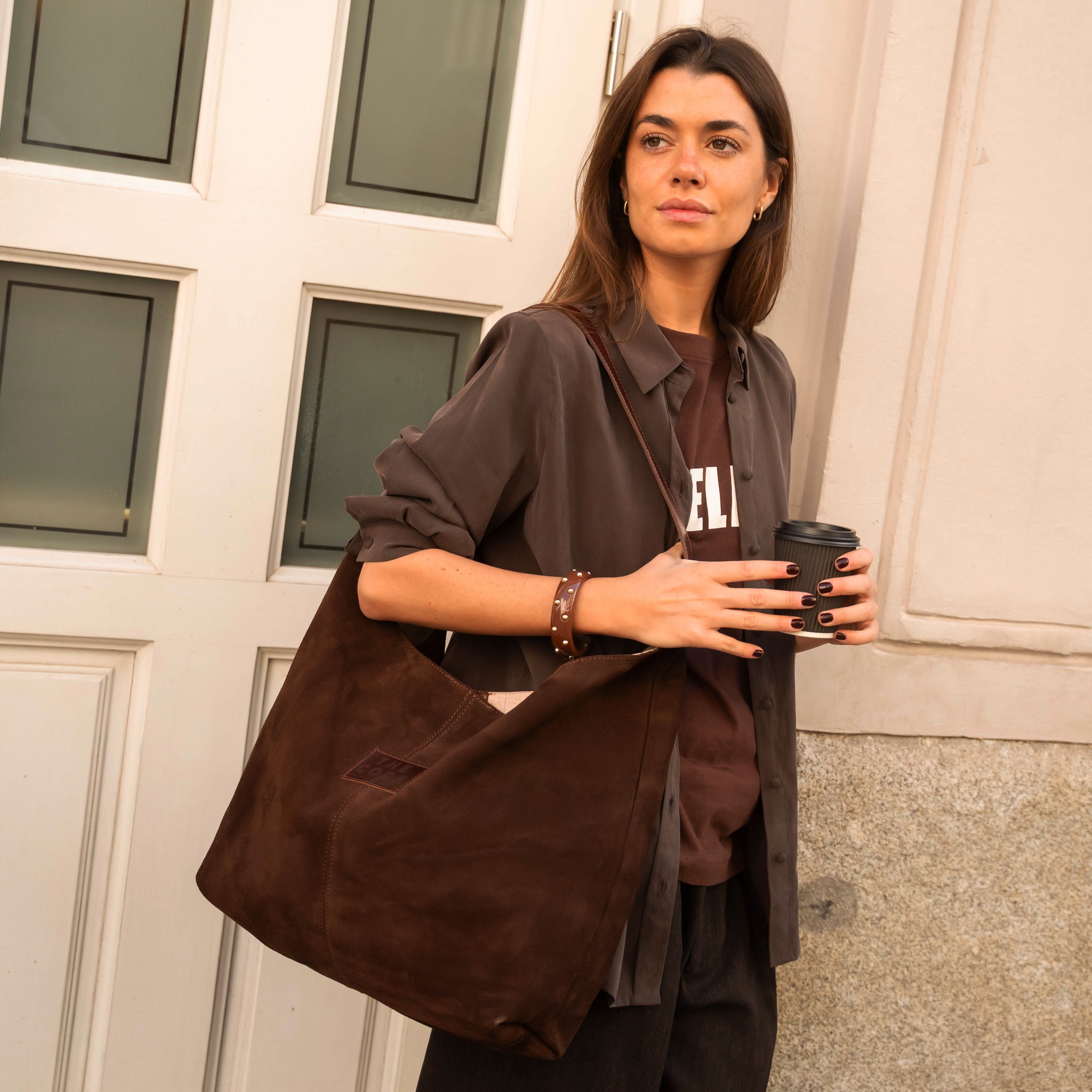 Brown chocolate-colored sack bag