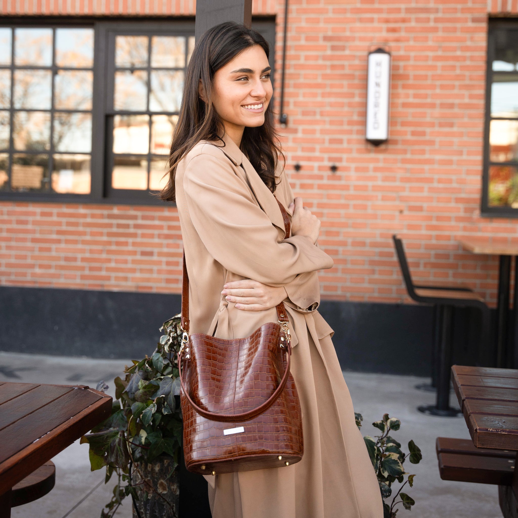 Brown coco print leather Julieta bucket