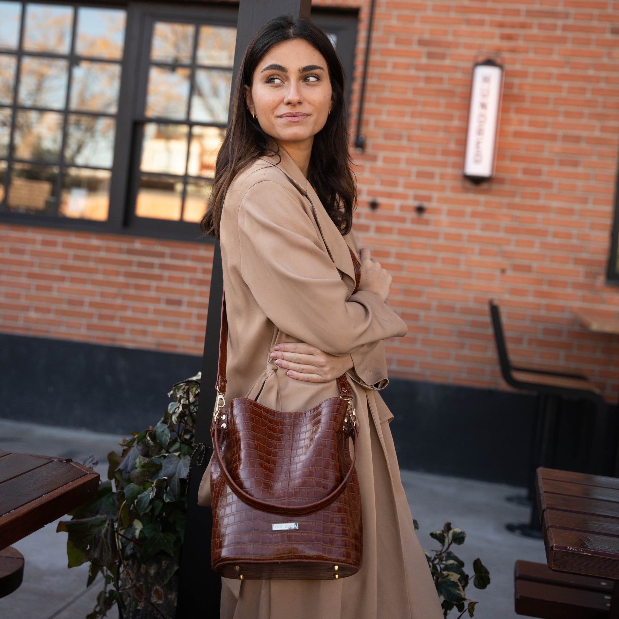 Brown coco print leather Julieta bucket