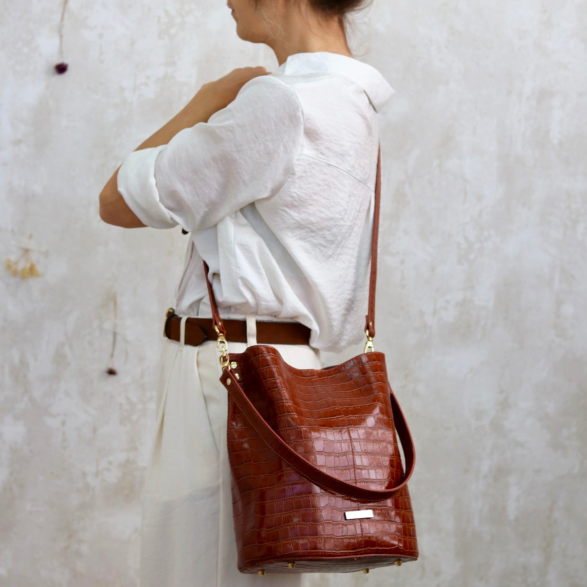 Brown coco print leather Julieta bucket