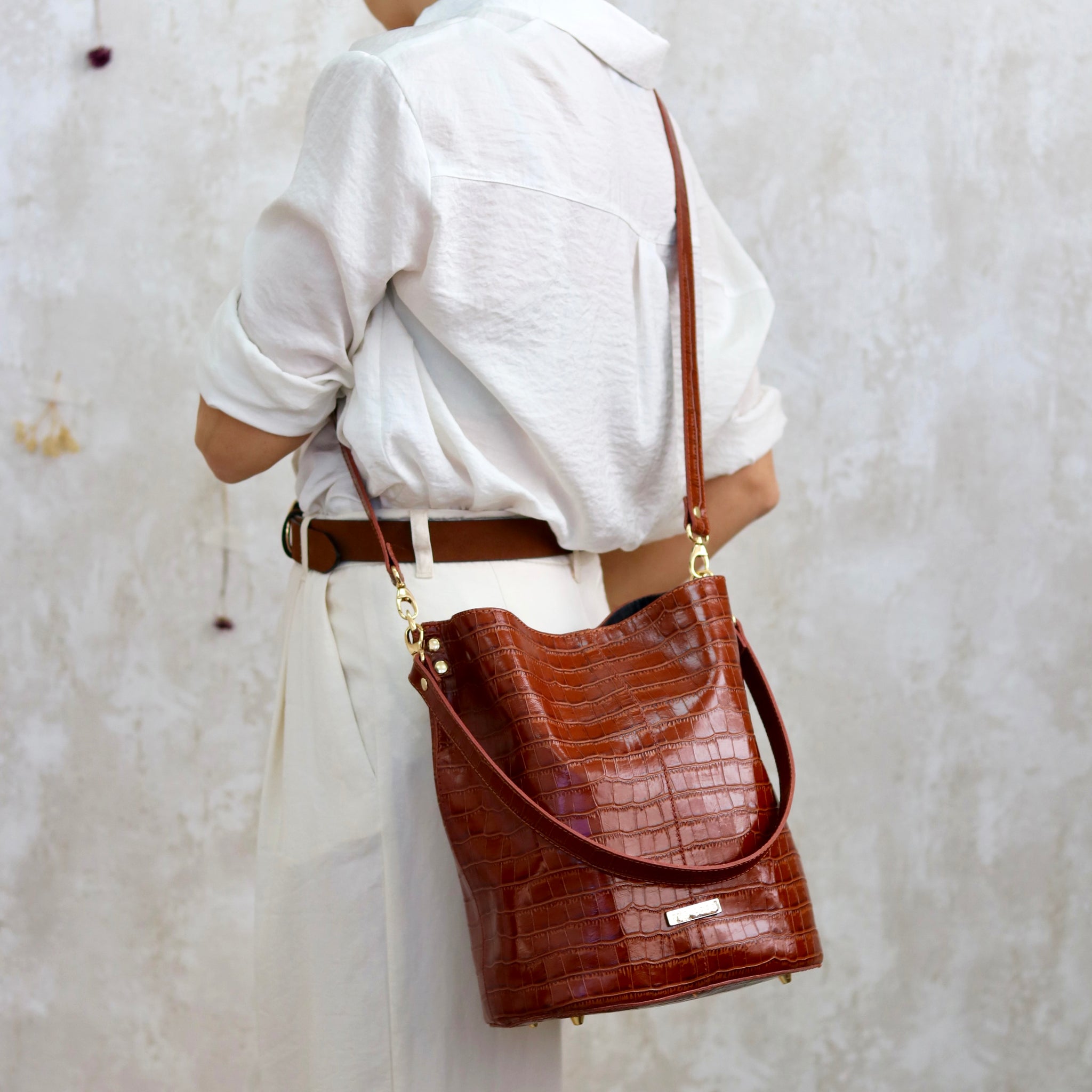Brown coco print leather Julieta bucket