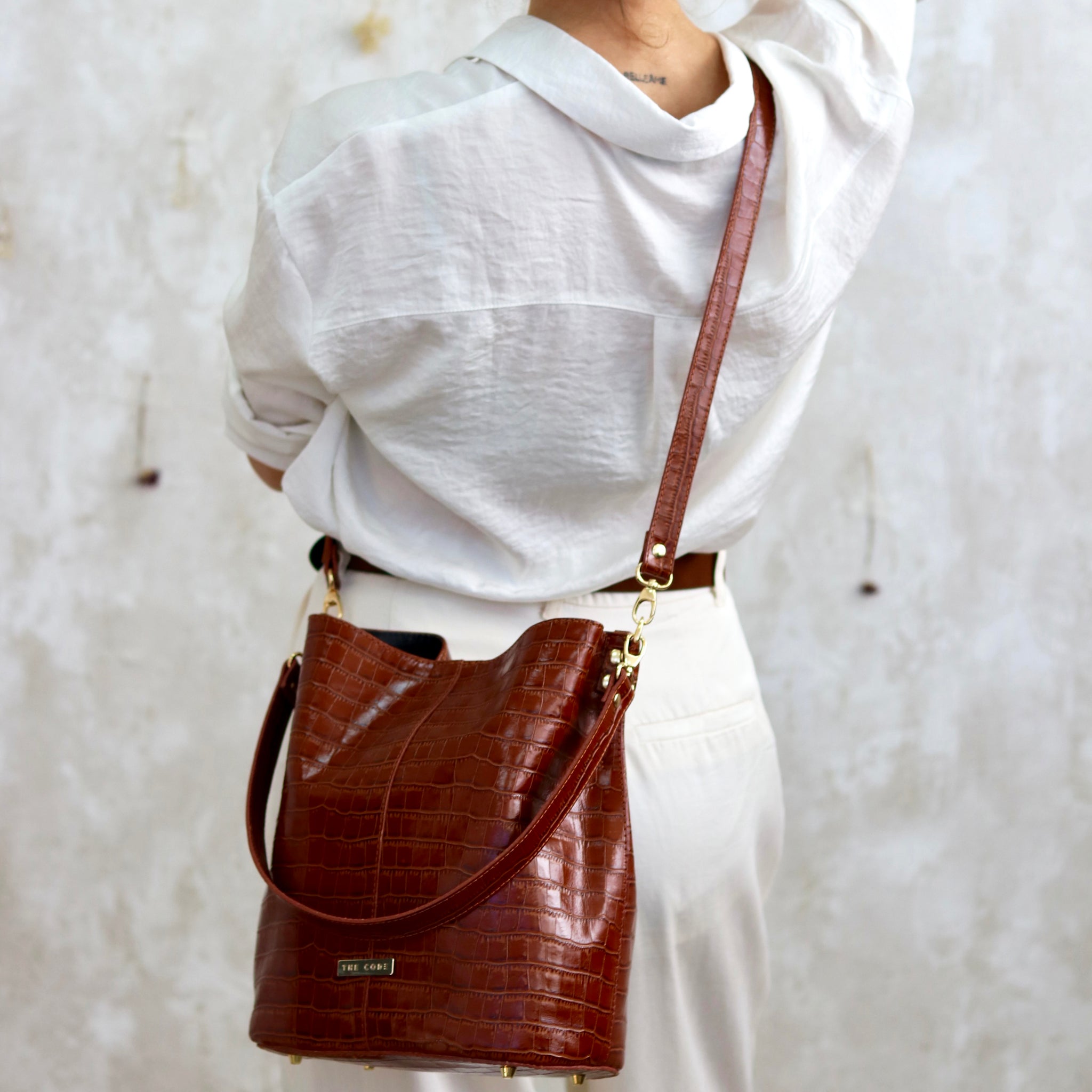 Brown coco print leather Julieta bucket